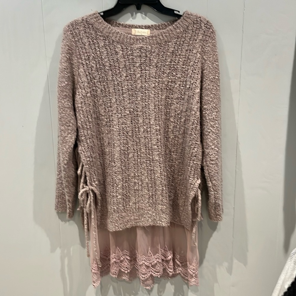Altar’d State Rose bumpy knit sweater with lace underskirt. Side ties.